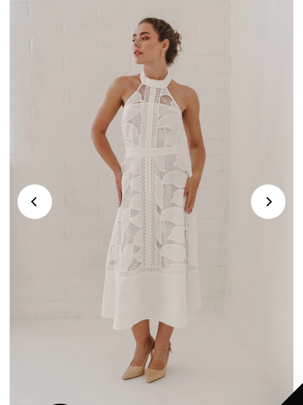 White Lace Halter Midi Dress with Scallop Trim